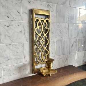 Vintage Single Ornate Brass Candle Holder Wall Sconce with Latticework Design
